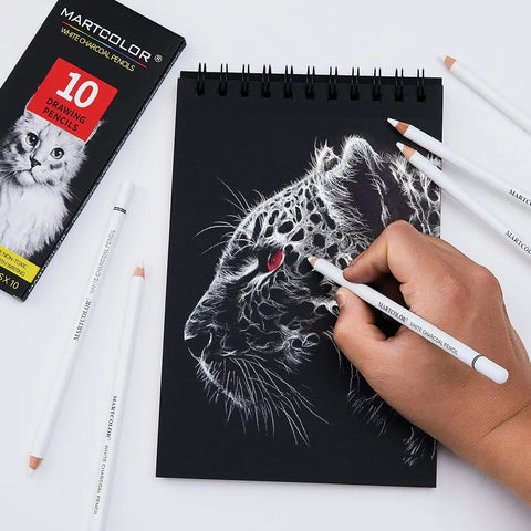 Hand using White Charcoal Pencils Set, 10 Pcs For Dark Paper Sketching, Shading, Blending And Highlighting on black paper art