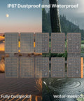 Ultra Portable 100W Solar Panel Foldable To Laptop Size, 4.1 Lbs Lightweight, 24 Percent High Efficiency, IP67 Waterproof, showing dustproof and water-resistant features in desert and rainforest environments