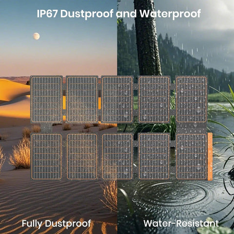 Ultra Portable 100W Solar Panel Foldable To Laptop Size, 4.1 Lbs Lightweight, 24 Percent High Efficiency, IP67 Waterproof, showing dustproof and water-resistant features in desert and rainforest environments