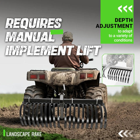 Heavy Duty ATV UTV Landscape Rake Implement For Rock Removal Grass Clumps And Debris Prep For Seeding Cultivating And Maintaining Land With Adjustable Teeth Powder Coated Steel Compatible With 1 Point Lift System attached to ATV