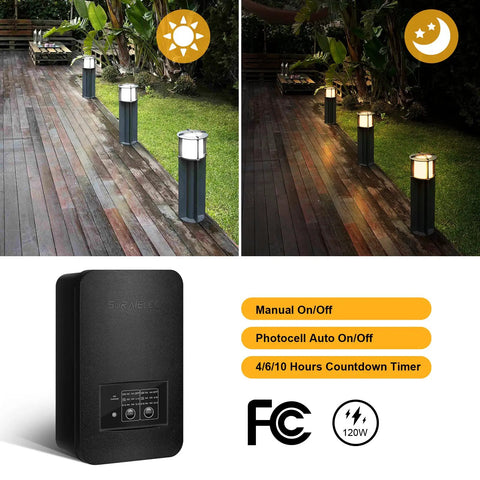 Low Voltage Landscape Lighting Transformer With Photocell Sensor And Timer, 120V AC To 12 Volt And 15 Volt Output, 120W device shown with lighting example