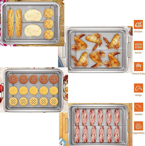2 Piece Air Fryer Basket Set with Magnetic Cooking Times Cheat Sheet, stainless steel, shown with various air-fried foods