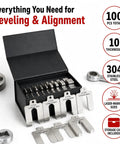 Stainless Steel Shim Kit 2 By 2 Inch Slotted Shims Collection 100 Pieces Across 10 Thicknesses For Machine Leveling Motor Alignment And Equipment Adjustment Laser Marked Sizes DIY Friendly Storage Case in black storage box displayed with tools.