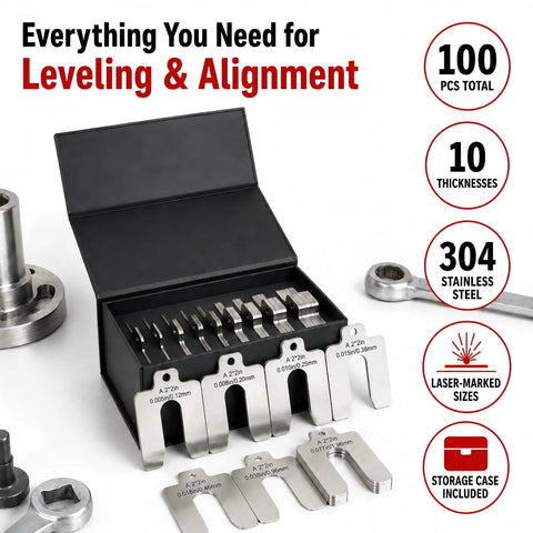Stainless Steel Shim Kit 2 By 2 Inch Slotted Shims Collection 100 Pieces Across 10 Thicknesses For Machine Leveling Motor Alignment And Equipment Adjustment Laser Marked Sizes DIY Friendly Storage Case in black storage box displayed with tools.