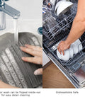 Person cleaning Air Fryer Silicone Pot 8.1 Inch Basket Pan With Dual Handles And Mitts Reusable Nonstick Liners in sink and dishwasher.