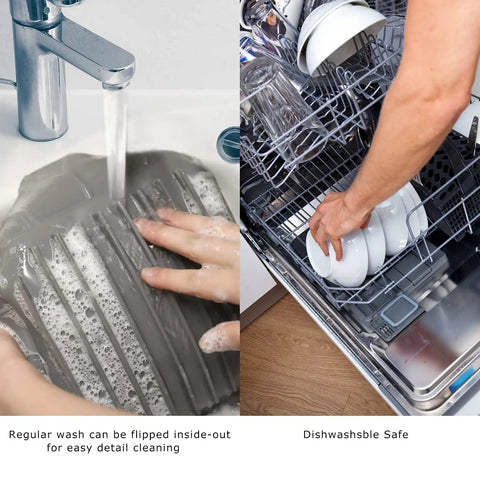 Person cleaning Air Fryer Silicone Pot 8.1 Inch Basket Pan With Dual Handles And Mitts Reusable Nonstick Liners in sink and dishwasher.