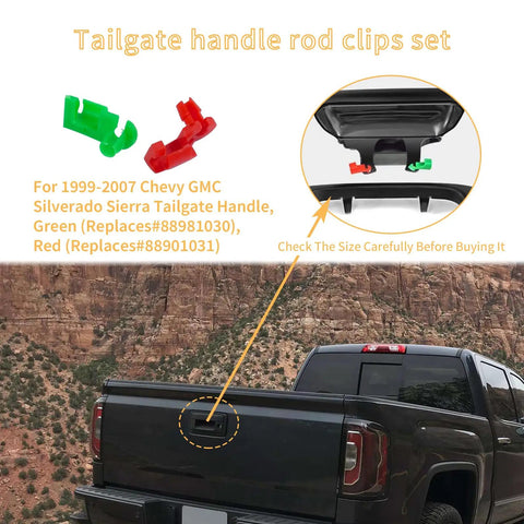 Chevy GMC Silverado tailgate handle with green and red rod clips, replaceable parts shown with truck and canyon background.