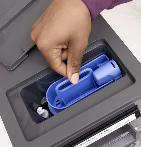 No Cap Portable Nugget Ice Maker Countertop Machine Produces Chewy Pebble Ice Built To Hit Different, air filter compartment with hand.