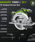 Rugged 24 Volt Cordless Tool Combo Featuring Drill And Impact Driver Plus Circular Saw And Multi Tool Includes Dual High Capacity Batteries Quick Charge Adapter And Mobile Power Bank For Hardcore Shop Beasts And Pro Crews, compact circular saw with 6.5-inch blade and built-in LED.
