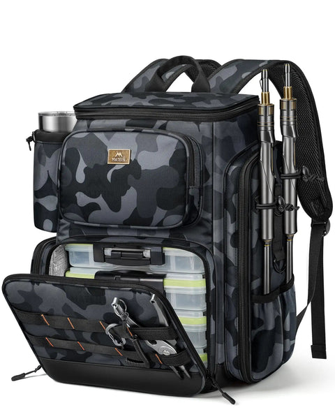 All Day Angler Fishing Backpack With Four Tackle Boxes And Rod Holders, Water Resistant 3600 Tackle Box Backpack, camo design