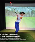 Golfer practicing with Click Stick Golf Swing Trainer With Audible Feedback, Weighted Training Aid For Tempo And Speed indoors.