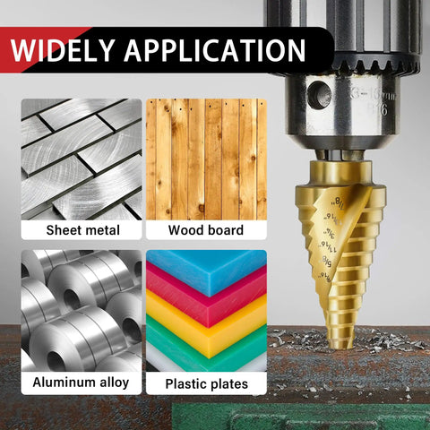 Heavy Duty Step Drill Bit Set For DIY Lovers With 31 Sizes And 1 Quarter Inch Hex Shank HSS Titanium Coated Spiral Grooved Bits For Sheet Metal Aluminum And Wood By AIMLENTOOL 3 Piece Set shown drilling sheet metal with example applications