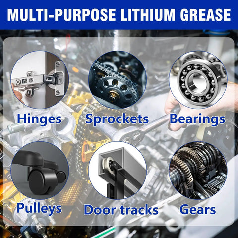 Diagram of Do It All Lithium Grease 60 Ml, highlighting use for hinges, sprockets, bearings, pulleys, door tracks, gears.