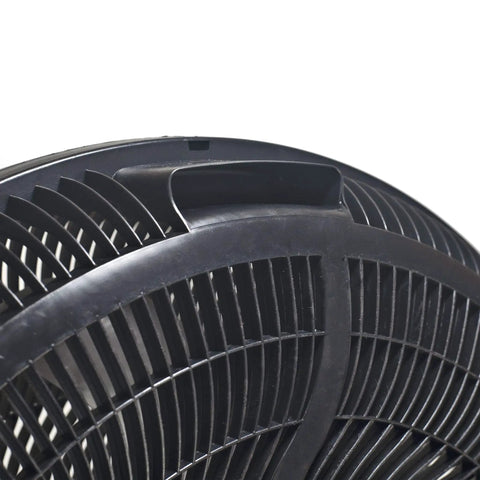 Close-up of 20 Inch High Velocity Floor Fan With Wall Mount And 180 Degree Tilt, showing black grill and handle detail.
