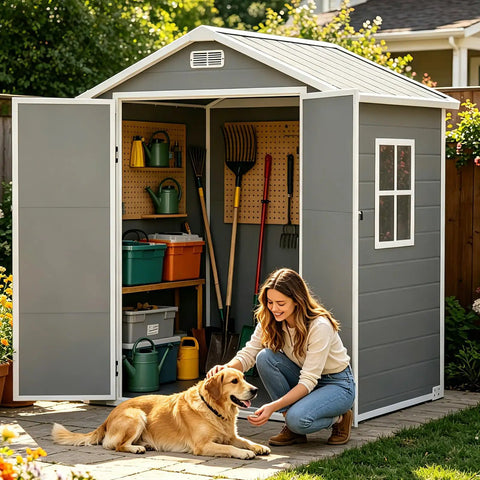 Woman with dog in front of open 6x4 Ft Outdoor Resin Storage Shed With Floor And Window, gray plastic double doors, tools inside.