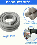 Heavy Duty Closed Cell Foam Backer Rod Bond Breaker Cord One Inch Diameter Ten Foot Gray Roll shown in a coil with size details.
