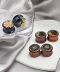 Six Piece Ear Plugs Set Sun Moon Natural Wood And Acrylic Tunnels Expander Plugs For Piercing on satin fabric