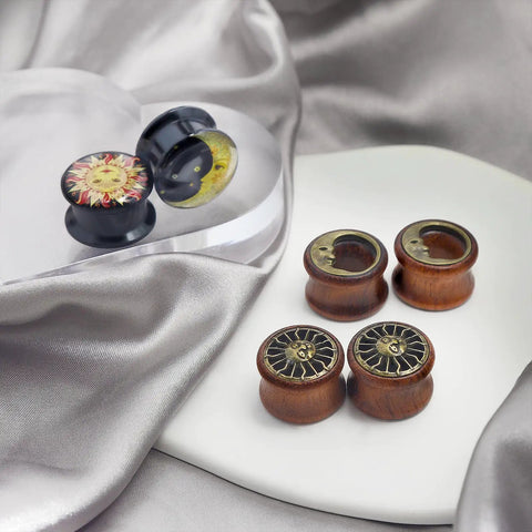 Six Piece Ear Plugs Set Sun Moon Natural Wood And Acrylic Tunnels Expander Plugs For Piercing on satin fabric