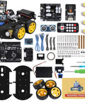 R3 Smart Robot Car Kit V4 For Arduino Hands On STEM Education Bundle For Kids And Teens Coding Toys Age 8 9 10 11 12 13 14 15 16 Engineering Building Kit Gift Kit components including wheels, circuit boards, remote, and tools.