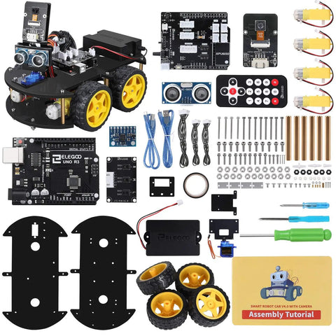 R3 Smart Robot Car Kit V4 For Arduino Hands On STEM Education Bundle For Kids And Teens Coding Toys Age 8 9 10 11 12 13 14 15 16 Engineering Building Kit Gift Kit components including wheels, circuit boards, remote, and tools.