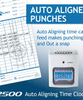 Heavy Duty Small Business Time Clock Bundle With Ivory Shell And Auto Aligning Tech For Dead Simple Crew Attendance Tracking And Payroll Ready Six Column Cards featuring auto aligning time card and clock display.
