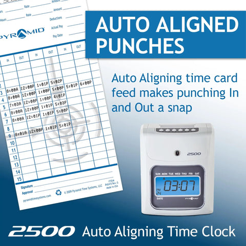 Heavy Duty Small Business Time Clock Bundle With Ivory Shell And Auto Aligning Tech For Dead Simple Crew Attendance Tracking And Payroll Ready Six Column Cards featuring auto aligning time card and clock display.