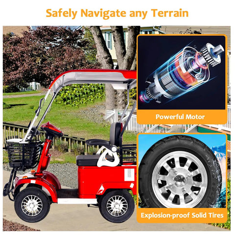 Heavy Duty Electric Golf Cart Passenger Cruiser Features Massive Storage Trunk And Slick 800W Motor Pushing 18MPH Over 50 Miles Per Charge For No Sweat Riding Anywhere with powerful motor and solid tires.