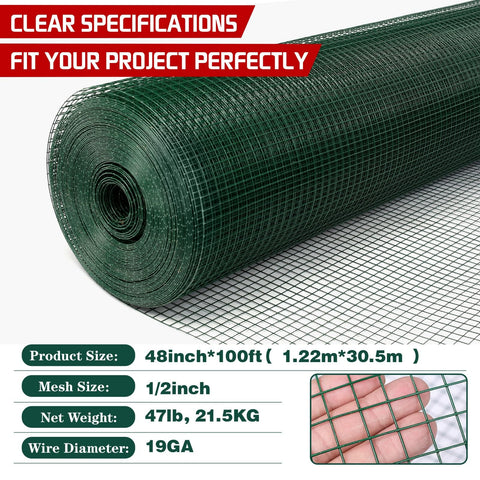Rolled green PVC-coated wire mesh for chicken coop, labeled specifications, Beefed Up Hardware Cloth One Half Inch Mesh