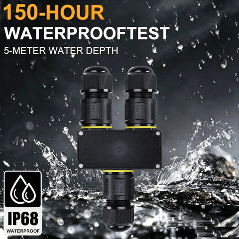 Y Shape 3 Way IP68 Waterproof Junction Box With Quick Release Cable Connector And M20 Glands UL ETL CE Certified Flame Retardant PC PA66 Space Saving Design For Landscape Lighting Fits 4 12mm Cables Black, 150-hour waterproof test