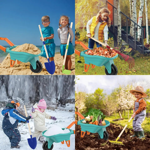 Kids Gardening Set With Wheelbarrow For Ages 3 To 8 Real Metal Garden Tools 14 Piece Outdoor Kit in use by children in various seasons