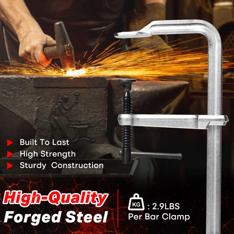 Beefy 12 Inch Heavy Duty Bar Clamps Set Four Pack Drop Forged Steel F Clamps with thick rail depicting welding use