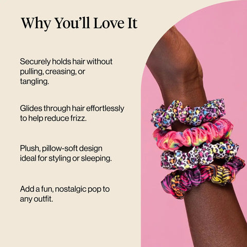 Rainbow Leopard Eco Friendly Satin Scrunchies Set 4 Pcs Soft As Silk Hair Ties That Glide No Damage For Frizz Free Sleep Ponytail
