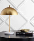 Gold And White Marble 2 Light LED Table Lamp With Glam Desk Style For Modern Bedside Decor, gold dome shade and marble base on black table