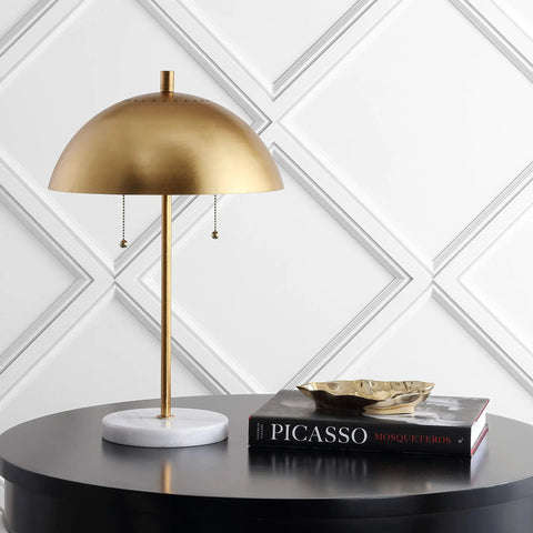 Gold And White Marble 2 Light LED Table Lamp With Glam Desk Style For Modern Bedside Decor, gold dome shade and marble base on black table