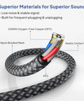 Close-up of Rugged Quarter Inch TRS Guitar Cable 10ft 2-Pack Straight 6.35mm Instrument Cord materials and construction details.