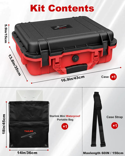 Road Trip Ready Waterproof Hard Case For Starlink Mini Kit With Custom Fit Interior shown with dimensions and accessories