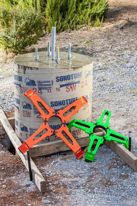 18 Inch Bolt Template Tool For Nested Tubes In Green, Xtender Adapters Near Concrete Form with Bolt Placement