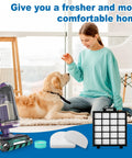 PowerDetect Vacuum Filter Kit Replacement components next to vacuum and pet, showing ease of home use and fresh air benefits.