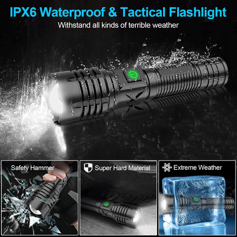 Rechargeable 10000 Lumen LED Tactical Flashlight With 5000mAh Battery, Beast Mode Brightness, 5 Modes, Zoomable Beam, IPX5 Waterproof Handheld Light For Camping And Emergency Outdoors shown in water and ice with durability features.