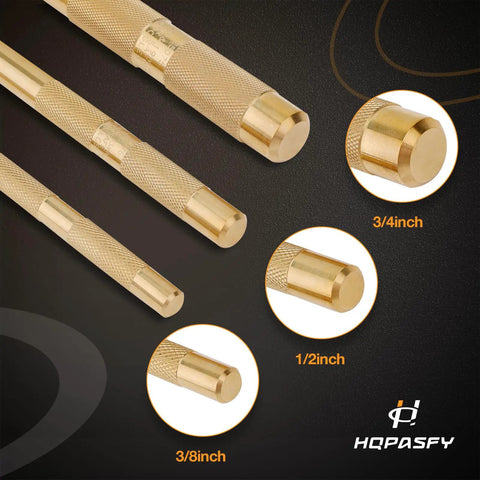 Drift Punch Set 3-Piece for Pin Removal and Alignment Includes Three Quarter Inch 19mm by Eight Inch, One Half Inch 13mm by Seven Inch, and Three Eighths Inch 10mm by Six Inch Brass Punches Non Marring Auto and Motorcycle Repair Tools.