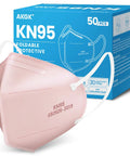 Pink KN95 Face Mask displayed with packaging box, 50-pack, 5-ply cup-shaped design with elastic ear loops for daily use.