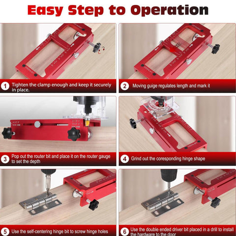 Step-by-step installation of Adjustable Router Jig For Doors With Aluminum Hinge Mortising Template Kit And Precision Depth Gauge