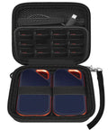 Rugged Travel SSD Case for External Solid State Drives and Portable Storage, fits two SSDs, twelve SD card slots, open view.