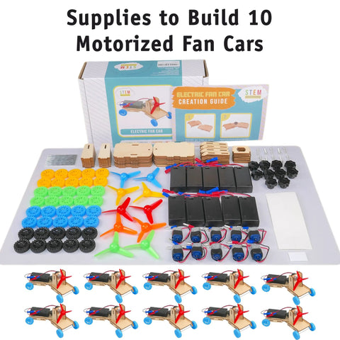 Motorized Fan Powered STEM Racers Kit For Ages 8 And Up Build And Race 10 Cars Hands On Learning For STEM Club And After School Learn How Battery Power Turns Into Thrust Speed And Fun., parts layout with 10 car components