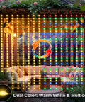Two Color Changing Curtain Lights 600 LED 20ft By 10ft Waterproof Connectable displayed on a patio with warm white and multicolor settings.