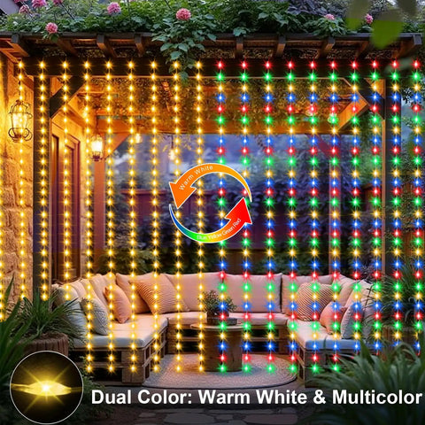Two Color Changing Curtain Lights 600 LED 20ft By 10ft Waterproof Connectable displayed on a patio with warm white and multicolor settings.