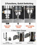 Heavy Duty 1550W Mag Drill Press Featuring Magnetic Base That Grips Like Crazy, showing 3 chucks: Twist Drill, Core Drill, Wire Tapping.
