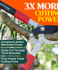 PowerPRO 29 Inch Compound Action Bypass Loppers trimming a tree branch, featuring high-carbon Japanese steel blades.