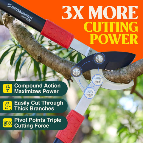PowerPRO 29 Inch Compound Action Bypass Loppers trimming a tree branch, featuring high-carbon Japanese steel blades.
