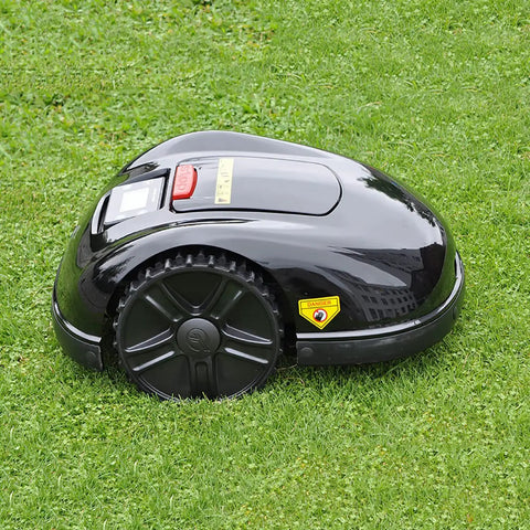 Autonomous Robotic Lawn Mower With Auto Charging on grass, visible wheels and control panel, 28 cm cutting width